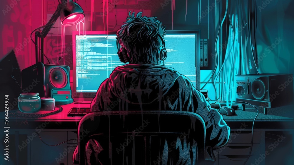 Poster focused programmer working late at night - an absorbed male programmer coding intently in a dimly li
