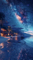 Starry night sky over tropical beach - A vibrant starry night sky over a tranquil tropical beach with glowing stars reflecting on the water and cozy beach houses