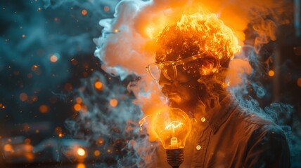 Conceptual image with head engulfed in flames - Provocative conceptual artwork showing a human head replaced by a fiery blaze and holding a lightbulb