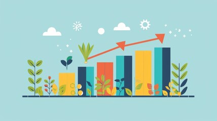Colorful graphic of a thriving business ecosystem - An illustrative graph showing a flourishing business environment with plants representing growth trends - obrazy, fototapety, plakaty
