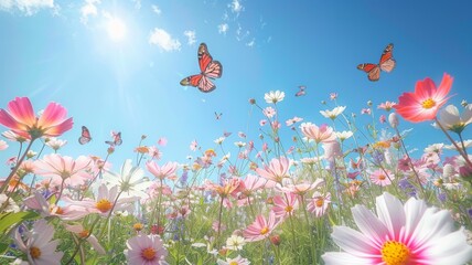 Fototapeta na wymiar Butterflies flying over summer flower field - A vivid image of colorful butterflies fluttering above a lush field of summer flowers under a clear sky