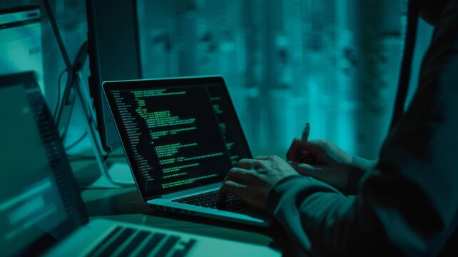 Coded data on a laptop in a dark room - A detailed view of a programmer's laptop with lines of code on the screen, in a dark atmospheric setting