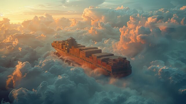 Cargo Ship Sailing Above the Clouds - A serene CGI image of a cargo ship effortlessly gliding above a sea of clouds, symbolizing tranquility and progress