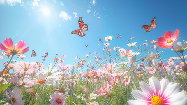 Butterflies flying over summer flower field - A vivid image of colorful butterflies fluttering above a lush field of summer flowers under a clear sky