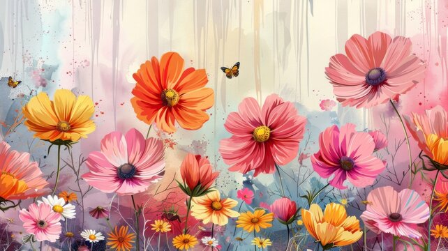 Artistic floral painting with vibrant colors - A beautifully crafted digital painting showcasing a variety of vividly colored flowers on an abstract background