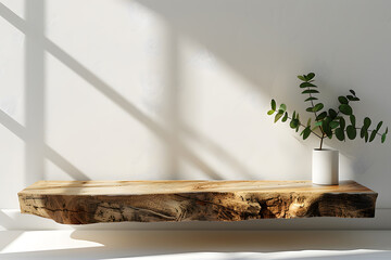 A rectangular wooden shelf in a room displaying a terrestrial plant in a vase. The natural material of the hardwood shelf complements the greenery of the plant - obrazy, fototapety, plakaty