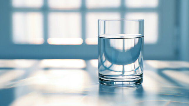 Transparent water glass on a blue surface, blurred background.