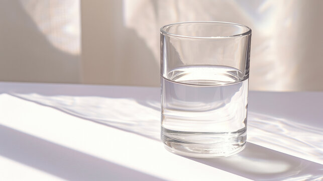 Half-full water glass on a white surface.
