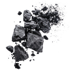 Coal in flying dynamic position mid air, isolated on transparent png.