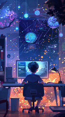 Bright workspace with floating graphs and codes - A child is engaged on a computer with complex networks, floating data graphs, and digital icons in a cozy room, showcasing curiosity and the learning 