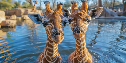 Obraz premium Giraffe Looking At Camera Lens