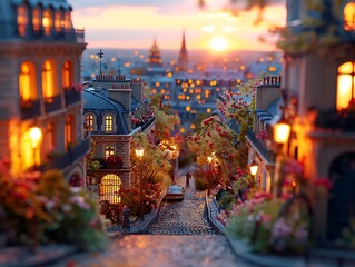 Paris street with windows, houses, and flowers with tilt-shifted miniature effect