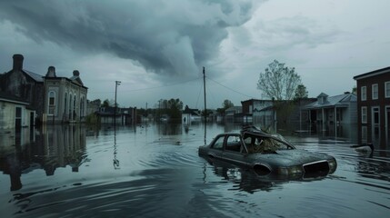 A dark and stormy sky looms over a flooded town with abandoned cars and submerged buildings peeking out of the murky water.