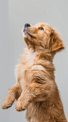 Golden retriever puppy looking up - Adorable golden retriever puppy gazing upwards with a look of wonder against a neutral background