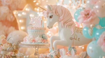 Magical unicorn birthday party in dreamy pastels, glittering decorations, and ethereal lights, enchanting and whimsical
