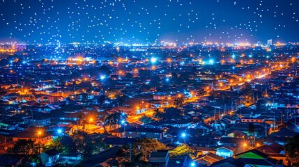 Cityscape at night with vibrant lights, capturing urban beauty and architectural brilliance