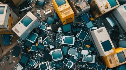 Singlestream recycling flow, electronic devices being recycled, highlighting extended producer responsibility, efficient sorting