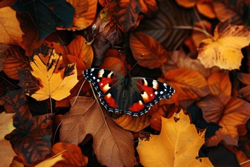 Vibrant admiral butterfly perched on a leaf among a bed of autumn leaves. - obrazy, fototapety, plakaty