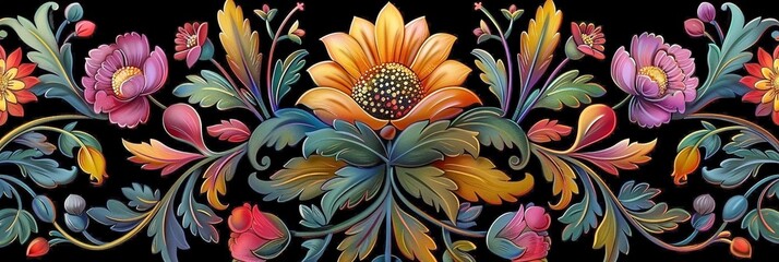 Banner illustration of a decorative multicoloured floral pattern on a black background with a central flower in shades of yellow and orange