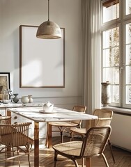 Home Mock-up with a Stylish Dining Room Interior Background. Presented in 3D Render. Made with...