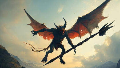 Fototapeta premium A small flying demon with wings and a spear, digital art