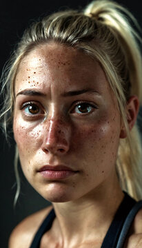 photo of a 30 years old woman with brown shiny eyes, blonde hair in a ponytail, deeply depressed expression, rounded cheeks with some freckles, fit strong body