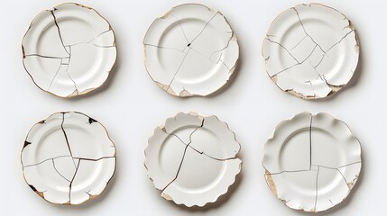 Set of broken ceramic plates on white background - obrazy, fototapety, plakaty