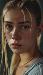 photo of a 20 years old girl with brown shiny eyes, blonde hair in a ponytail, deeply depressed expression, rounded cheeks with some freckles, fit strong body