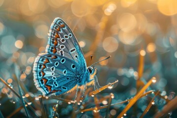 Naklejka premium Icarus Blue butterfly with open wings on grass with dew.