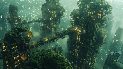 From above, the city resembles a sprawling forest canopy, with bridges and walkways intertwining between the colossal tree-buildings The air is filled with the sound of birds chirping and leaves rustl - obrazy, fototapety, plakaty