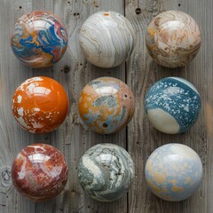 Balls crafted to resemble actual planets with unique textures and colors