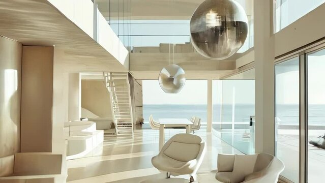 Interior of modern living room with panoramic view of the sea.
