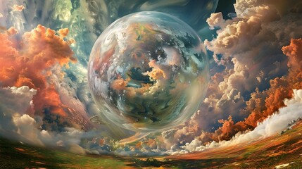 Surreal Dimensional Sphere Suspended in Fantastical Clouded Ethereal Landscape with Swirling Energy and Atmospheric Transformation