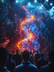 Fototapeta na wymiar Amid a bustling biotech conference, a genetic engineer presents a revolutionary gene-editing tool on a holographic display The vivid colors and dynamic angles capture
