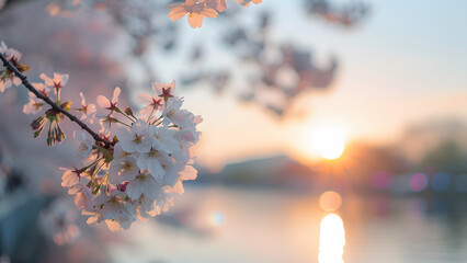 A spectacular view of cherry blossoms in full bloom on a warm, beautiful spring day. Feel the beauty of the cherry blossoms that herald spring. - obrazy, fototapety, plakaty