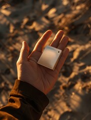 A sleek, handheld emotion-controlling gadget rests in the palm of a persons hand, casting long shadows in golden hour light It exudes power with 