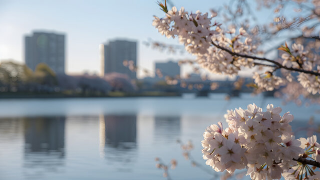 A spectacular view of cherry blossoms in full bloom on a warm, beautiful spring day. Feel the beauty of the cherry blossoms that herald spring.