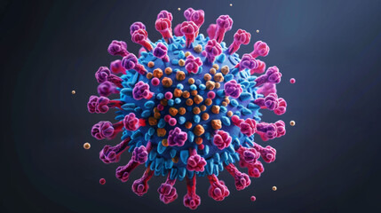 3D illustration of a colorful virus model on a dark background.