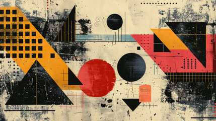 Abstract composition of geometric shapes with a distressed texture in a monochrome palette.