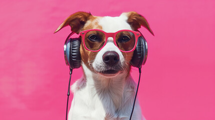 Isolated cute dog wearing headphone. AI Gereative