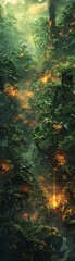Fototapeta na wymiar Amid dense rainforest, eco-warriors ambush deforestation machines with stealth and precision Illustration in a vibrant painting style capturing the lush greenery 
