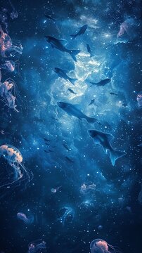 A serene underwater scene unfolds as a school of flying fish soar gracefully through a starry night sky filled with floating jellyfish Surrealism, painting, Silhouette lighting,