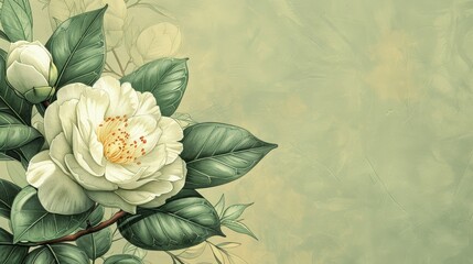 Elegant illustration of a white camellia flower with lush green leaves.