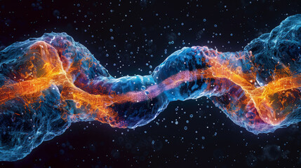 Vibrant DNA helix in neon colors against a dark space, symbolizing genetics and biotechnology. - obrazy, fototapety, plakaty