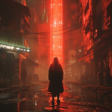 A protagonist stands at a crossroads, facing a choice of interacting with a fully autonomous synthetic being 3D render showcasing the tension in the scene, illuminated 