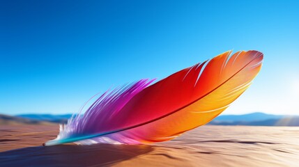 Colorful feather lying in the desert, symbolizing lightness and freedom. - obrazy, fototapety, plakaty