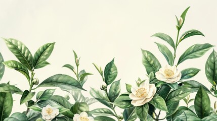 Watercolor illustration of white gardenia flowers with lush green leaves.