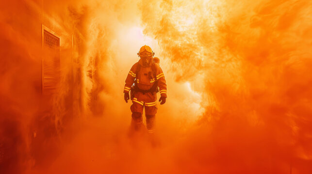  Firefighter walking through intense flames, symbolizing bravery and emergency response.