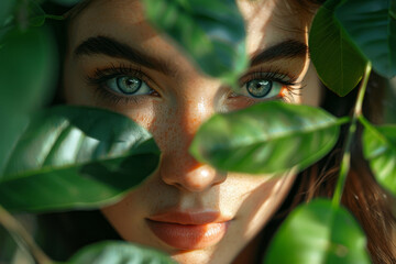 Captivating close-up of a woman with striking green eyes, partially concealed by vibrant green leaves