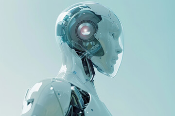 The translucent frame of the android robot on a light blue background.